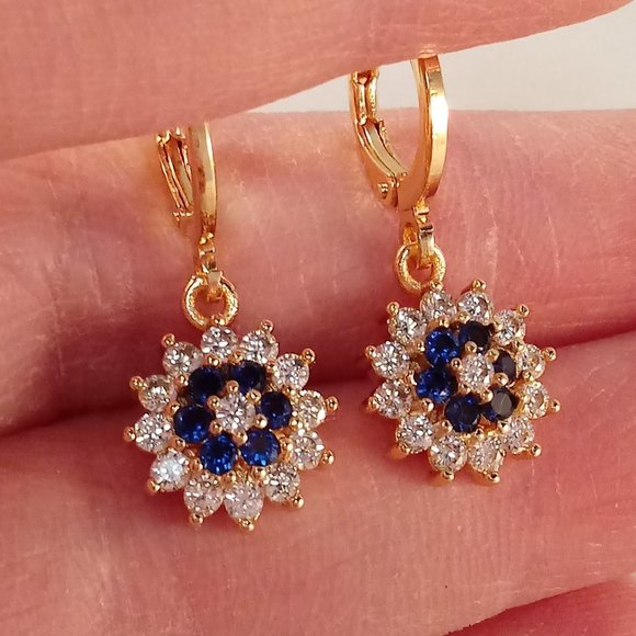 Jewelry - 18K Yellow Gold Filled Navy Blue Diamond Zircon Sunflower Dangle Earrings Gift